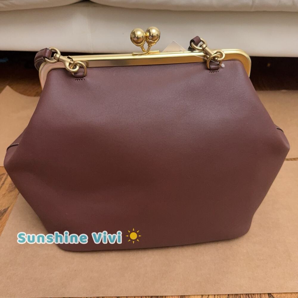 NWT Coach Large Kisslock Frame Clutch Bag Dark Brown Brass Leather CBR51